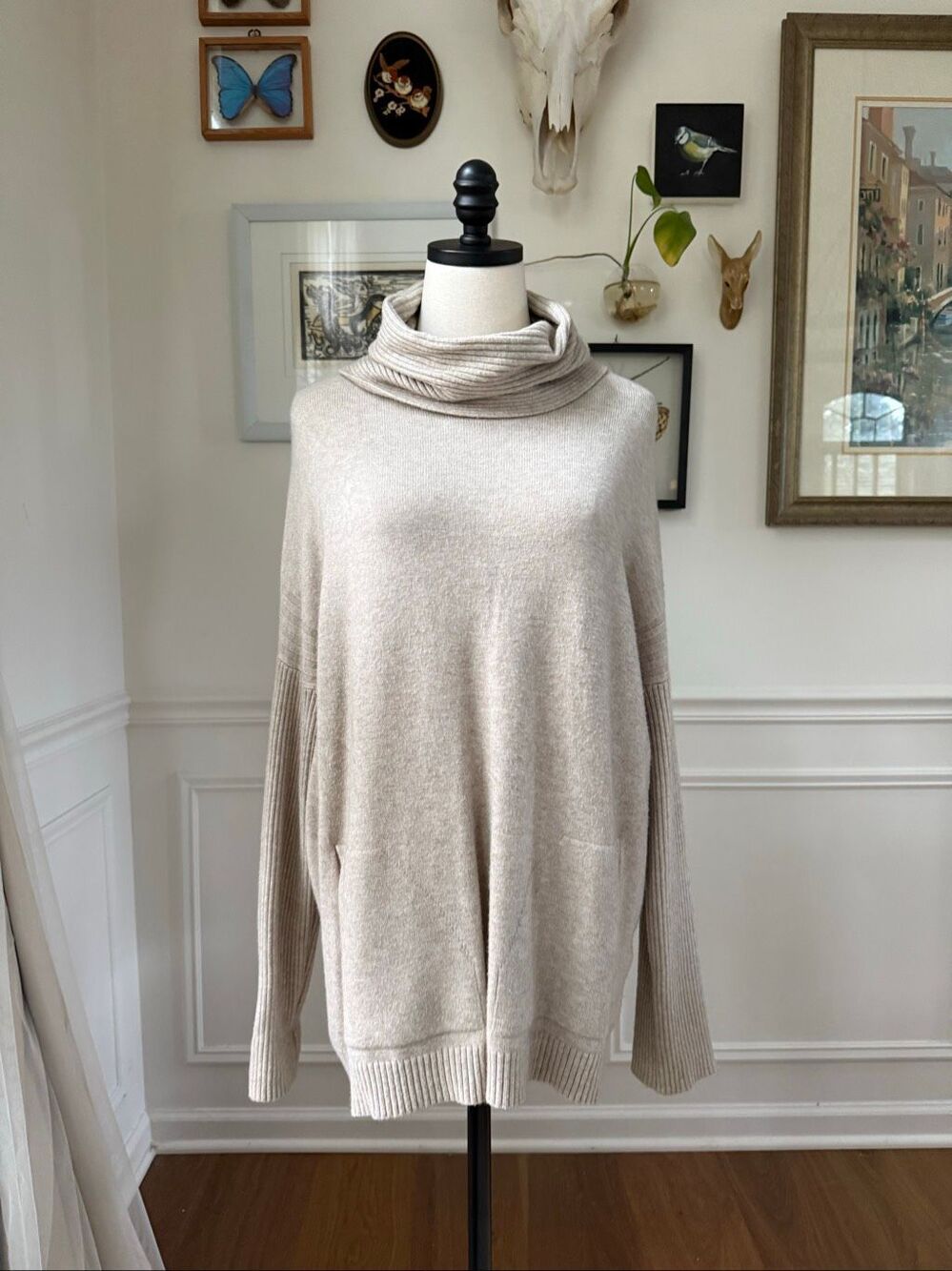 Cyrus Cowl Neck Oversized Knit Sweater Pockets Oatmeal Beige L